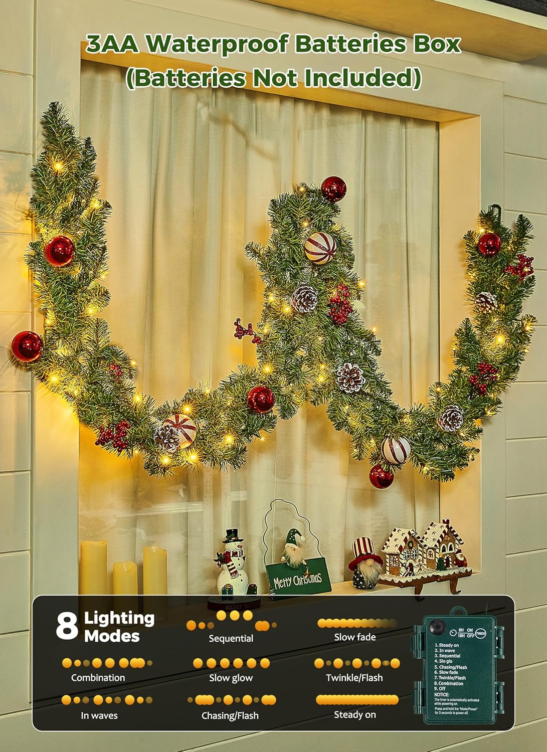 brightown-9ft-christmas-garland-with-lights-battery-operated-100-led-8-modes-tim image 6