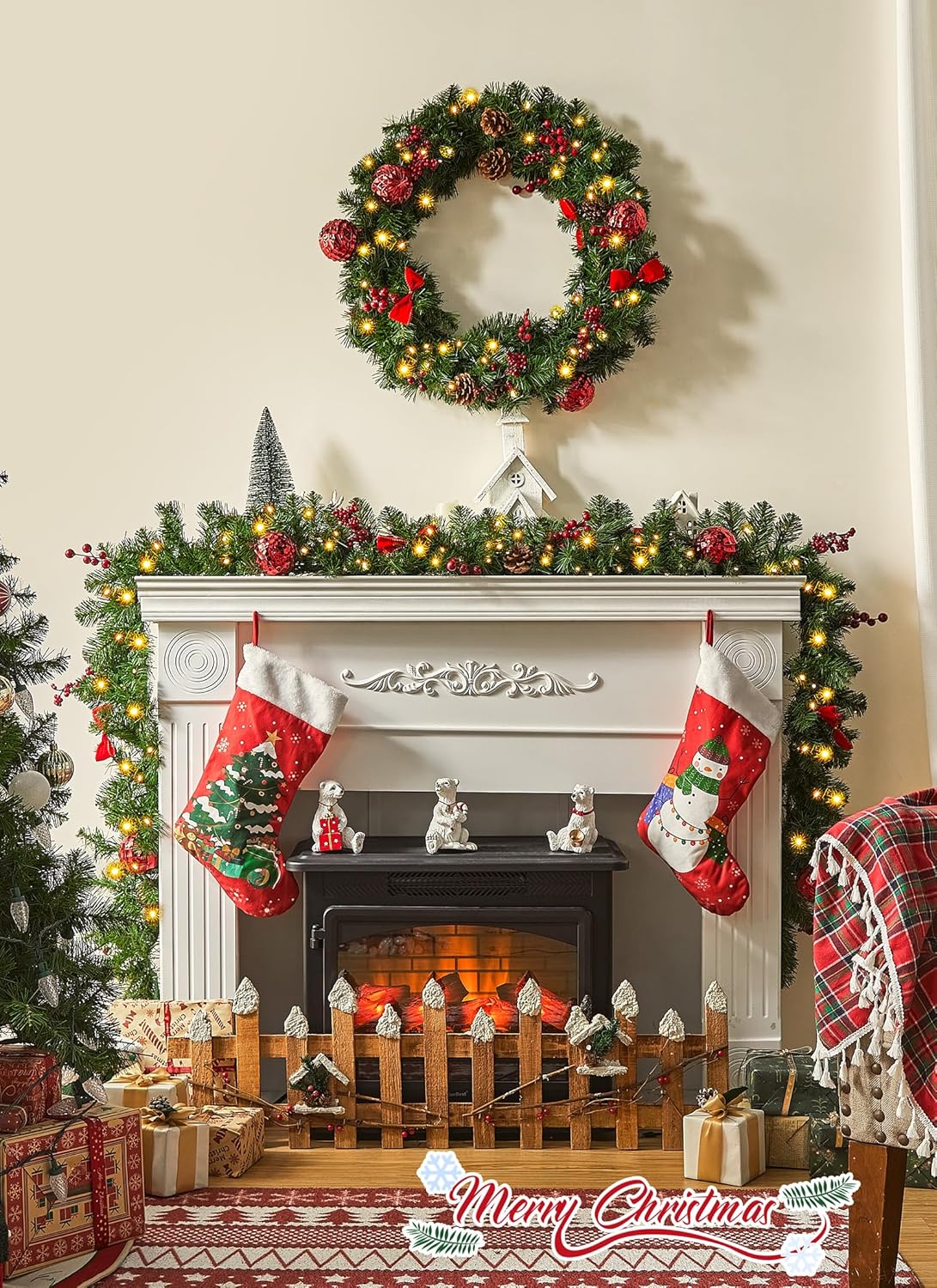 brightown-prelit-christmas-garland-9ft-battery-operated-100-warm-white-led-light image 7