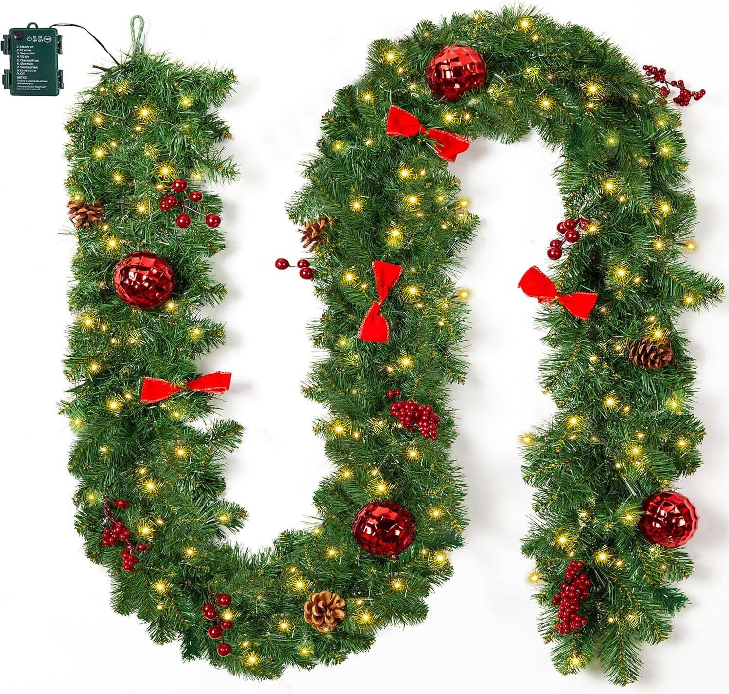 brightown-prelit-christmas-garland-9ft-battery-operated-100-warm-white-led-light image 1