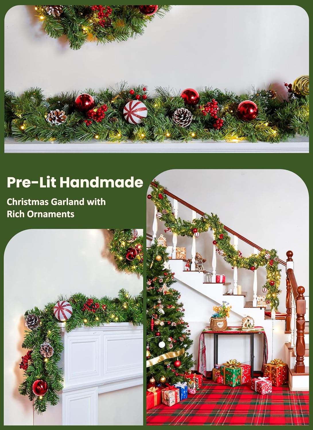 brightown-9ft-christmas-garland-with-lights-battery-operated-100-led-8-modes-tim image 8